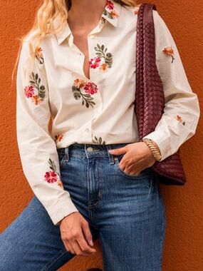 100% Cotton Embroidered Floral Button-Up Shirt